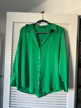 Zara Emerald Green Satin Button-Down Shirt